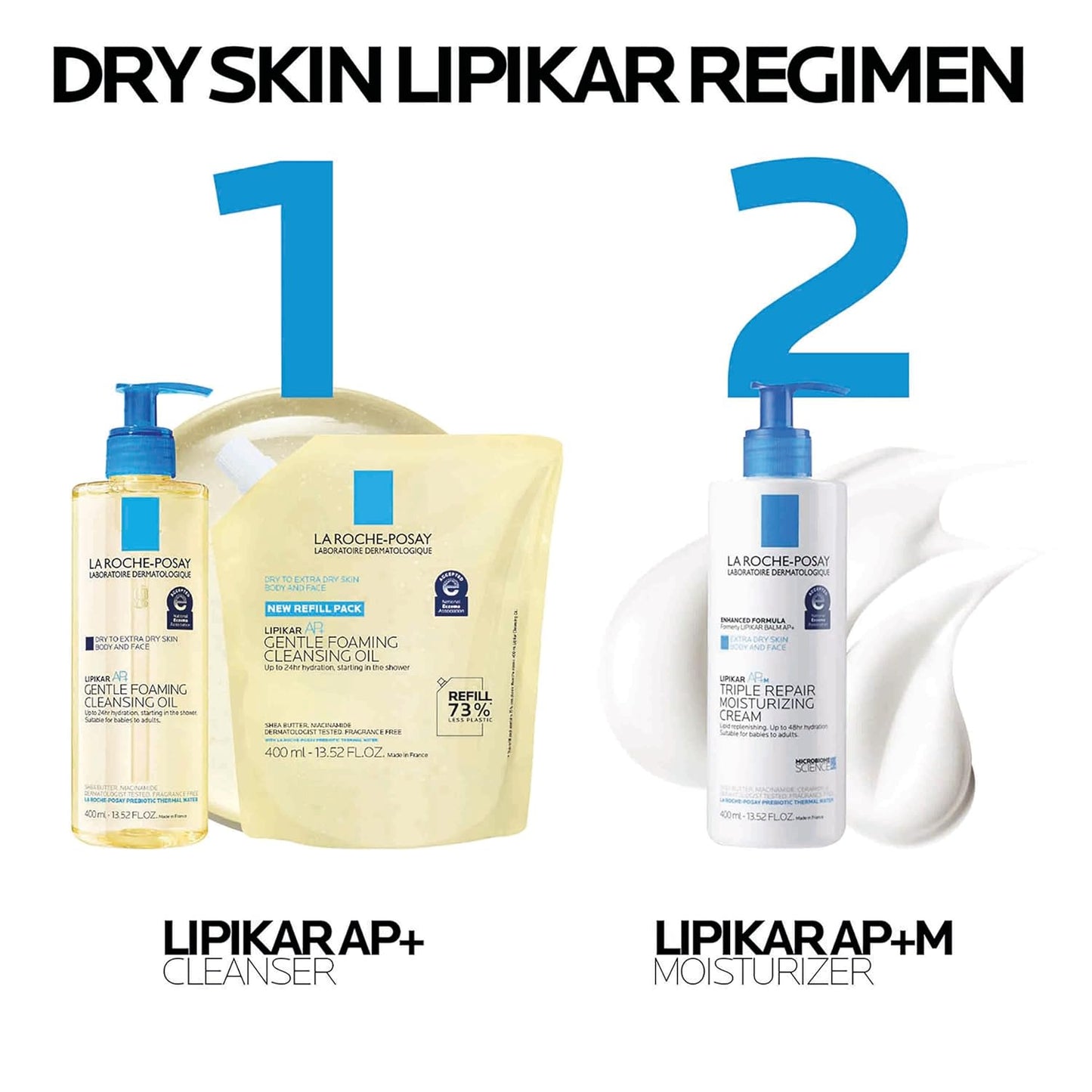 Bundle of La Roche-Posay Lipikar AP+ Gentle Foaming Cleansing Oil 400ML + Refill, Gentle Oil Cleanser for Face and Body Formulated with Niacinamide, Long-Lasting 24-hour Hydration