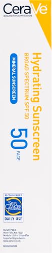 CeraVe 100% Mineral Sunscreen SPF 50, Face sunscreen With Zinc Oxide & Titanium Dioxide, Hyaluronic Acid + Niacinamide + Ceramides, Oil Free, Travel Size 2.5 oz