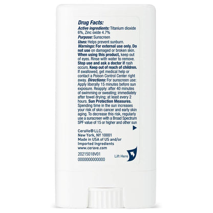 CeraVe Mineral Sunscreen Stick SPF 50, Broad Spectrum SPF + Hyaluronic Acid + Ceramides, Titanium Dioxide & Zinc Oxide, 100% Mineral Face Sunscreen Stick, Fragrance Free & Oil Free