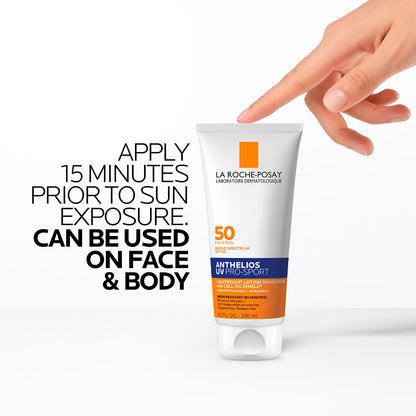 La Roche-Posay Anthelios UV Pro-Sport SPF 50 Sunscreen for Face & Body, Water & Sweat Resistant with Non-Drip Formula, Invisible Broad Spectrum Sunscreen Lotion, Lightweight & Breathable