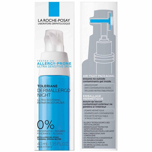 La Roche-Posay Toleriane Dermallergo Night Cream for Face, Intense Soothing Moisturizer with Vitamin E, Allergy Tested, for Sensitive Skin, Formerly Toleriane Ultra Night