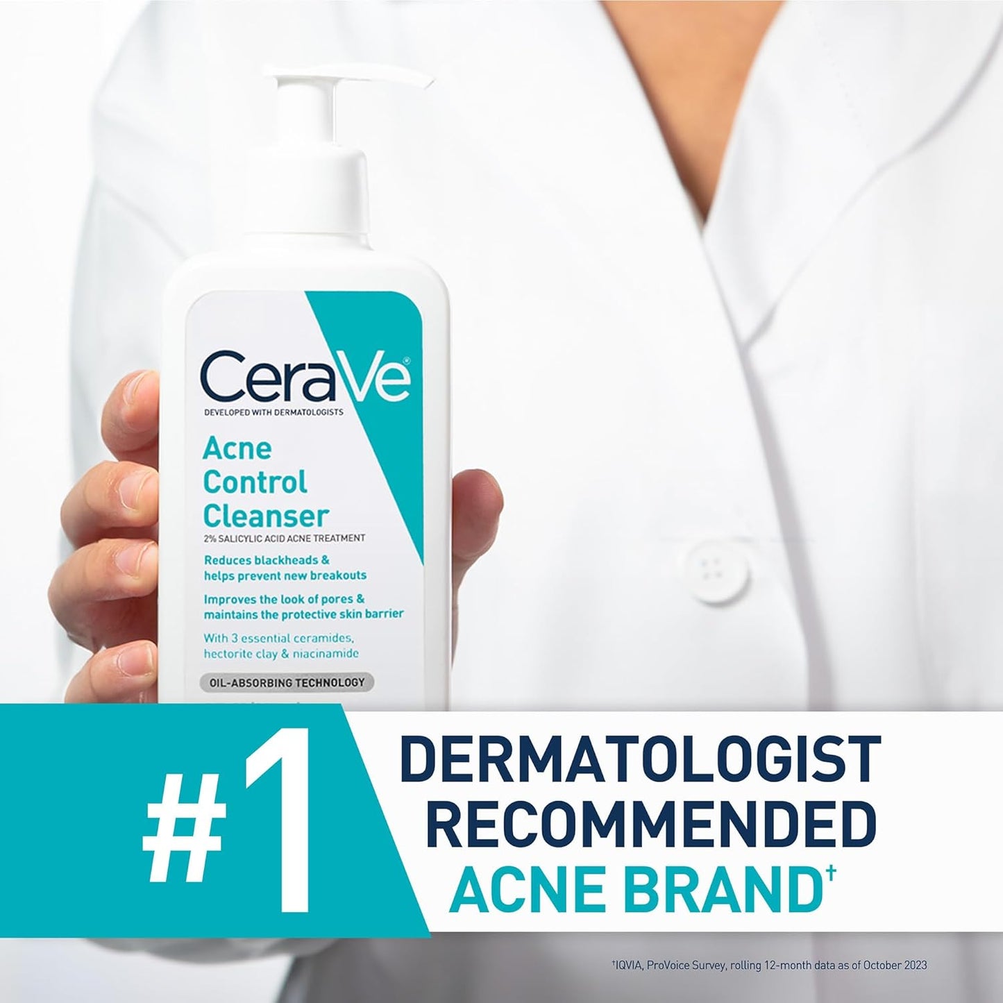 CeraVe Acne Control Cleanser, 2% Salicylic Acid Treatment Formulated With Niacinamide + Ceramides + Oil Absorbing Clay, Gentle Face Wash Helps Clear & Prevent Acne, Fragrance Free, 16 Ounce