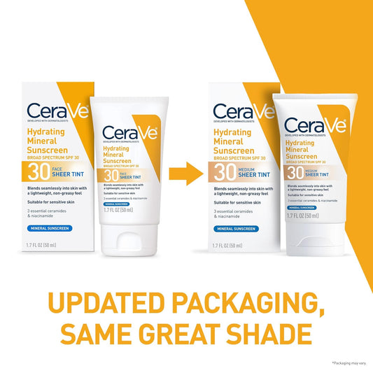 CeraVe Hydrating Mineral Sunscreen SPF 30 with Sheer Tint, Tinted Mineral Sunscreen with Zinc Oxide & Titanium Dioxide, Blends Seamlessly For Healthy Glow, Medium, 1.7 Fluid Ounce
