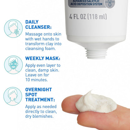 CeraVe Clay To Foam Acne Face Wash, Multi-Use Salicylic Acid & Kaolin Clay Acne Spot Treatment Clears Pimples & Blackheads, Prevents Breakouts, Hydrates & Soothes, Fragrance-Free, Non-Comedogenic, 4oz