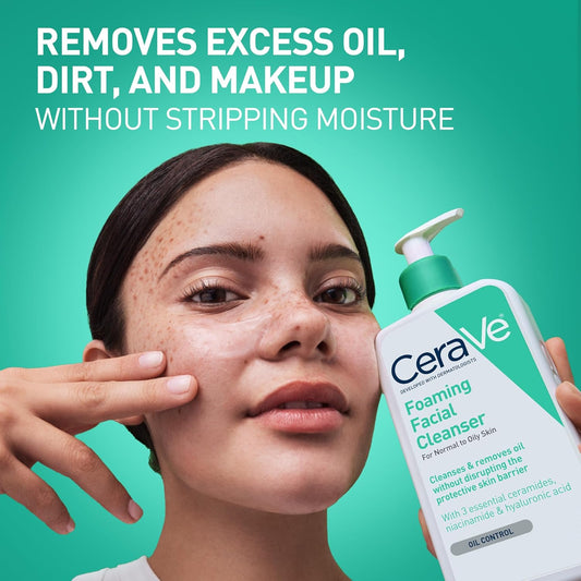 CeraVe Foaming Facial Cleanser, Daily Face Wash for Oily Skin, Hyaluronic Acid + Ceramides + Niacinamide, Fragrance Free & Paraben Free, Non-Drying Oil Control Face Wash, 19 Fluid Ounce
