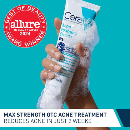 CeraVe Acne Foaming Cream Wash, Gentle Face and Body Cleanser with Benzoyl Peroxide 10%, Hyaluronic Acid, and Niacinamide, 10% Benzoyl Peroxide Treatment Clears Pimples and Blackheads 5 Oz
